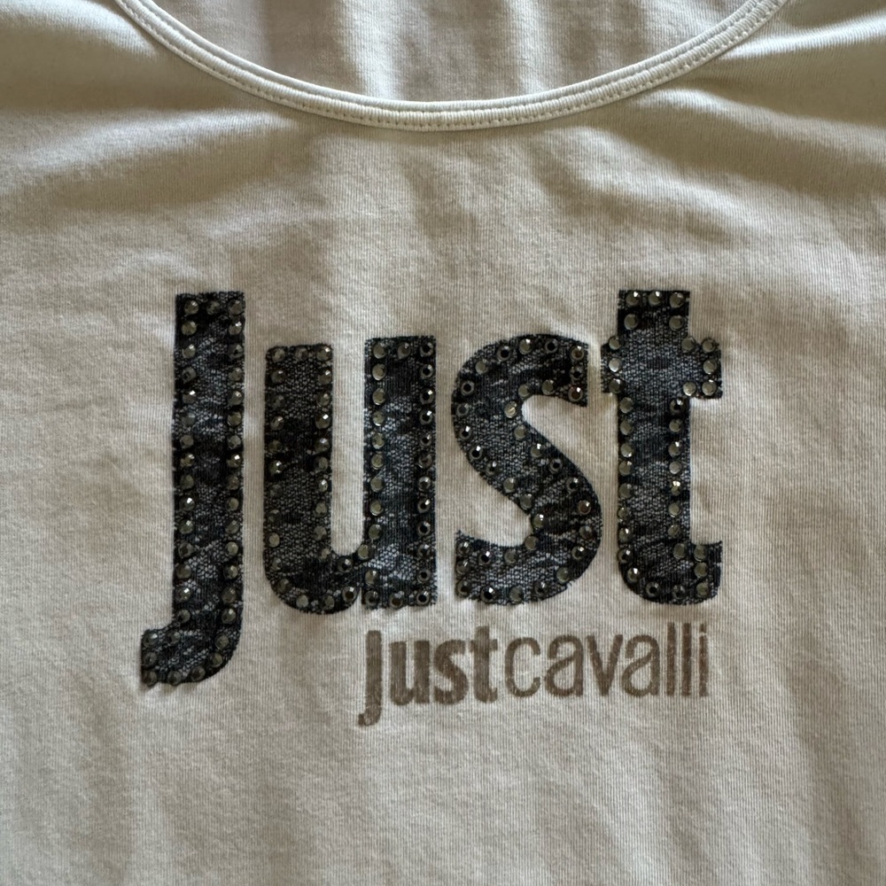 Just Cavalli White quarter sleeve Tee with Black Embellished Logo size m